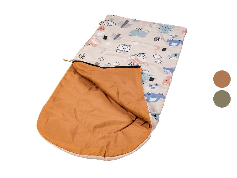 Babyslaapzak met dieren- en plantenmotieven, open, met bruine binnenkant.