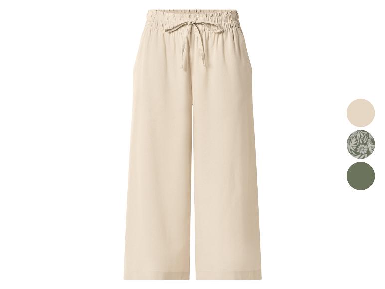 Beige wijde broek met trekkoord, met kleuropties ernaast.