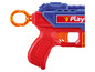 Een rood en blauw Playmobil speelgoedpistool.