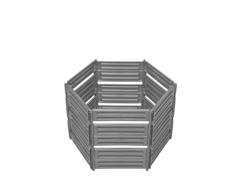 Zwarte, hexagonale plastic composthok, zelf te monteren.