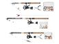 Drie hengelsets met molens, kunstaas en tackleboxen, inclusief feeder- en spinhengels.