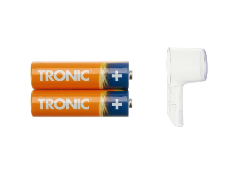 Twee oranje TRONIC batterijen en een transparante beschermkap.