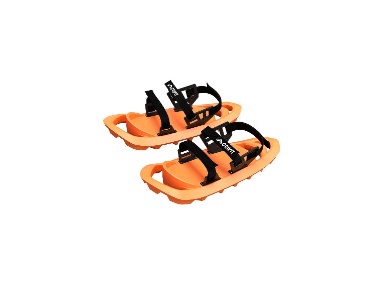 Twee oranje sneeuwschoenen met zwarte banden en Crivit-logo.
