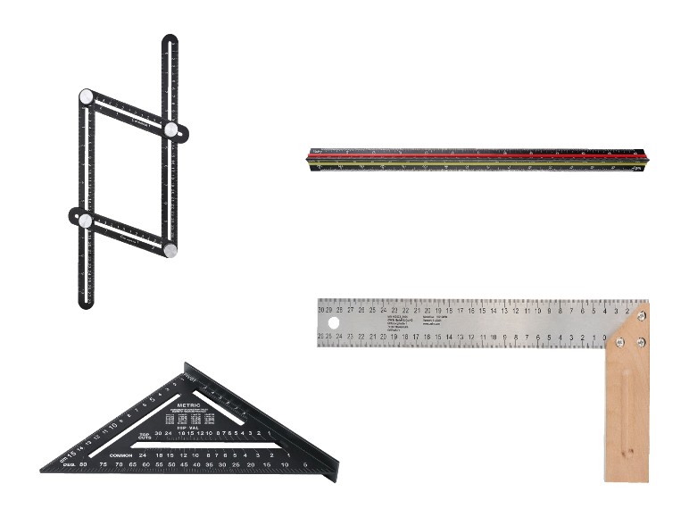 Meetinstrumenten: gradenboog, linialen en een vouwliniaal.