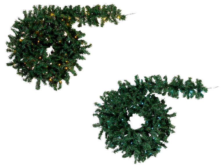 Twee kunstkerstslingers met verlichting, één met warmwitte en één met koelwitte lampjes.