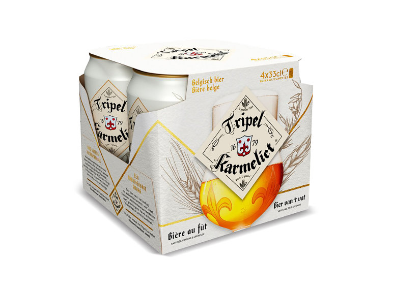 Verpakking van vier blikjes Belgisch driegranenbier.