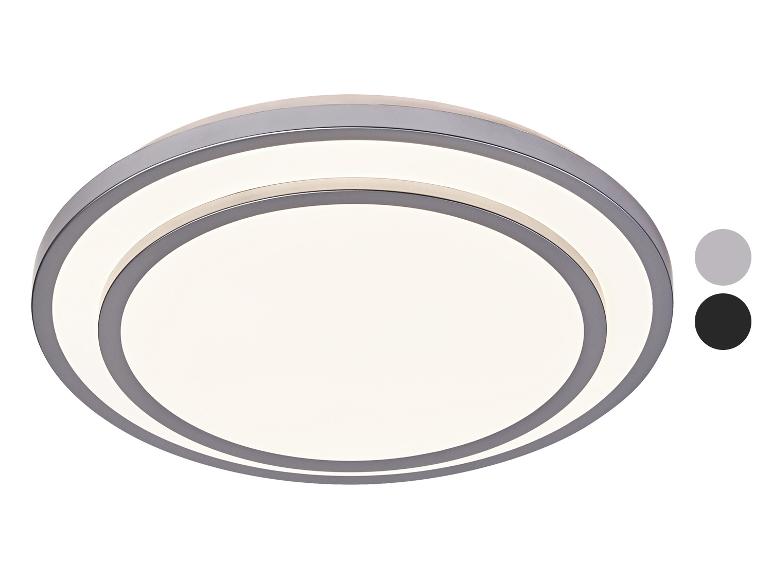 Ronde LED plafondlamp met twee lichtringen, in grijs en zwart.