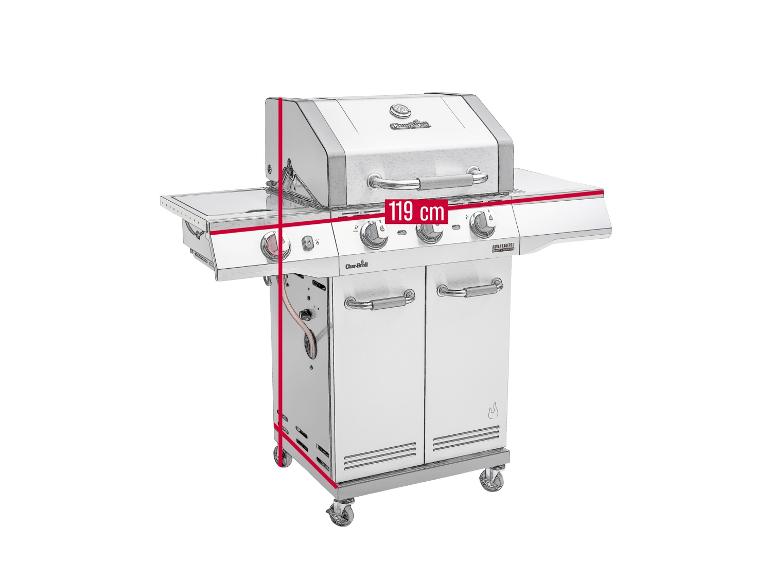 Roestvrijstalen gasbarbecue met zijtafels en kast, 119 cm breedte.