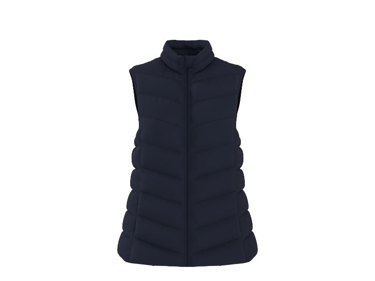 Donkerblauwe lange gewatteerde bodywarmer met hoge kraag en ritssluiting