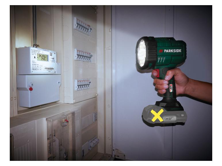 PARKSIDE X20V Team zaklamp verlicht elektrische kast met energiemeter.