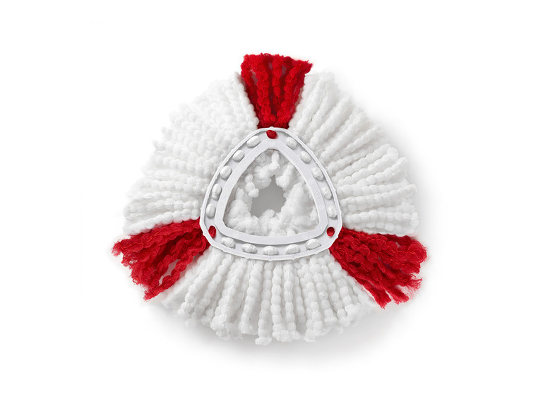 Een witte microvezel mop met rode accenten.