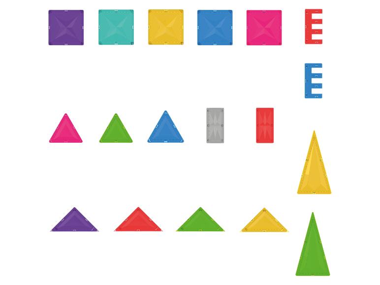 Set kleurrijke magnetische bouwstukken, inclusief vierkanten, driehoeken en lettervormen.