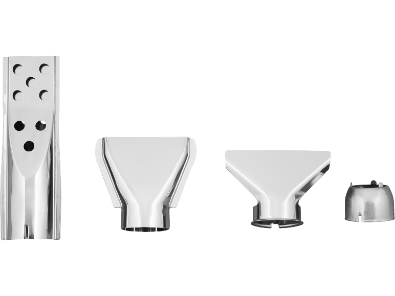 Heteluchtpistoolmondstukken: plat, breed, reducerend en reflector.