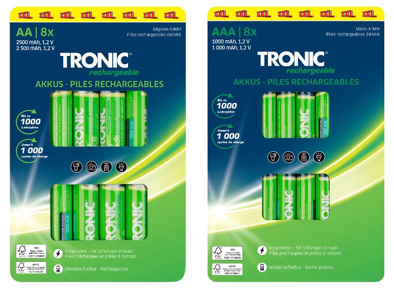 TRONIC oplaadbare AA- en AAA-batterijen, 8-pack, met 1000 laadcycli.