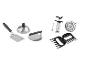 Barbecuegereedschapset met spatel, pers, marinade-injector, thermometer en vleesklauwen.
