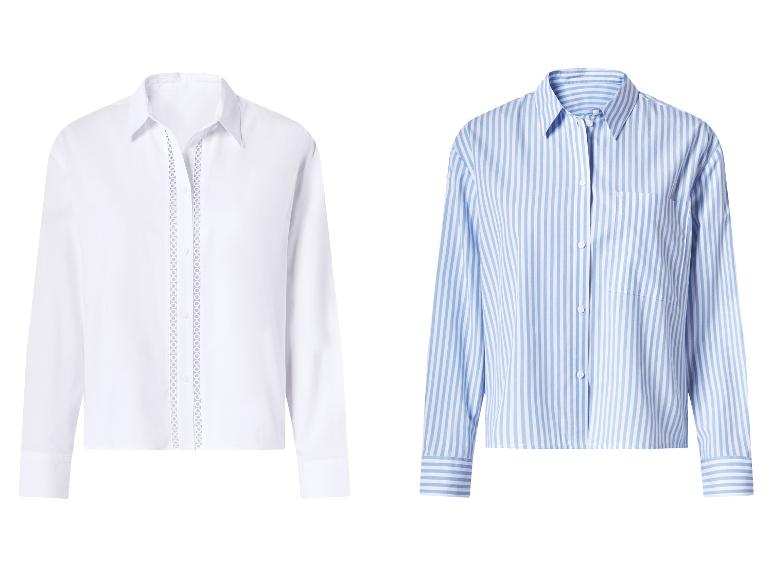 Twee damesoverhemden: wit met kant en blauw-wit gestreept