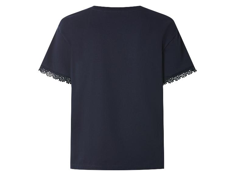 Dames marineblauw T-shirt met kanten rand aan de mouwen, achteraanzicht.