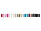 Een rij kleurrijke garenklosjes in verschillende tinten rood, roze, wit, geel, grijs, groen, blauw, bruin en zwart.