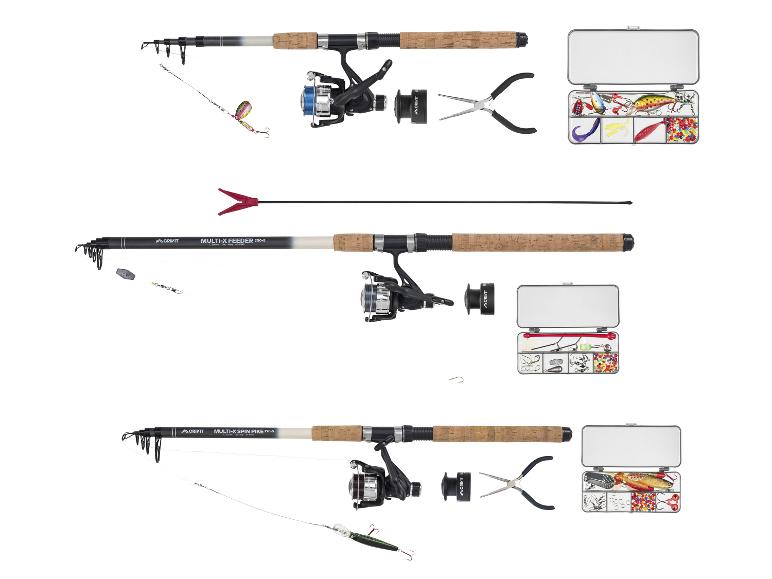 Drie hengelsets met molens, kunstaas en tackleboxen, inclusief feeder- en spinhengels.