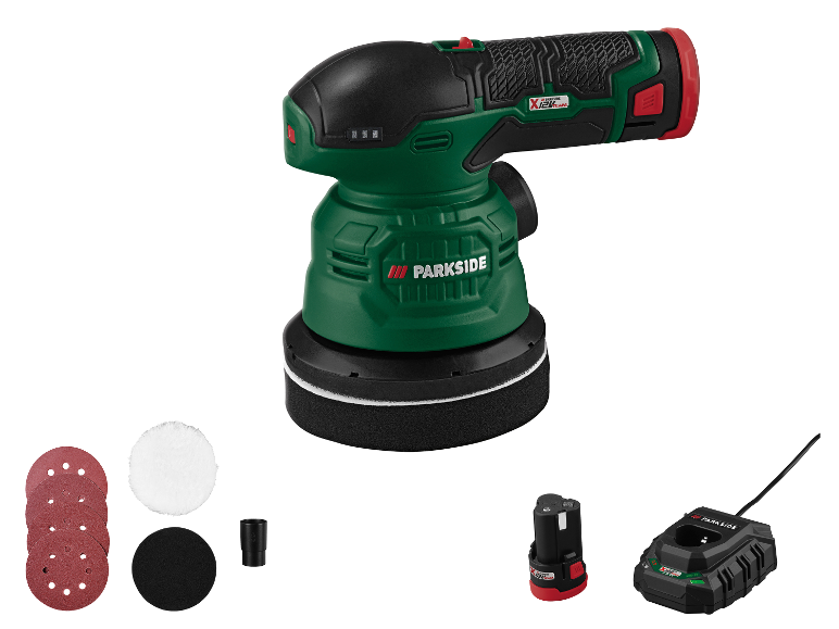 Draadloze excenterschuurmachine met accessoires, accu en oplader.