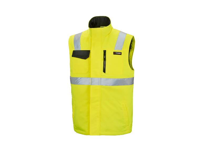 Gele veiligheidsvest met reflecterende strepen en zakken met rits.