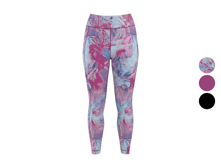 Dames sportlegging met abstract roze en blauw patroon.