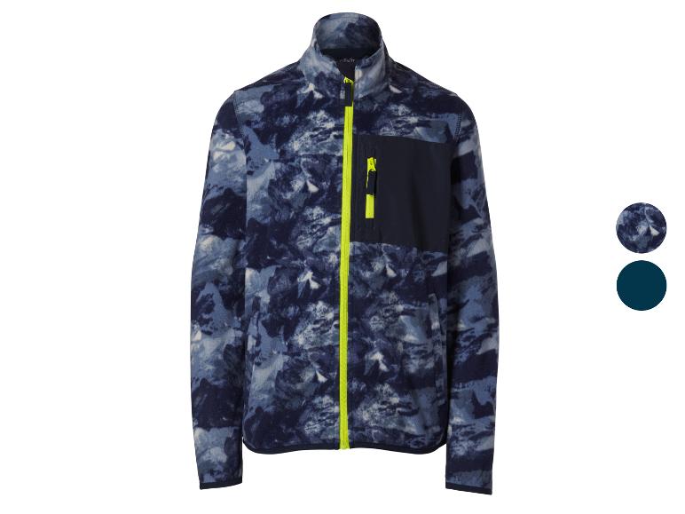 Blauwe fleecejas met camouflageprint en felgele rits