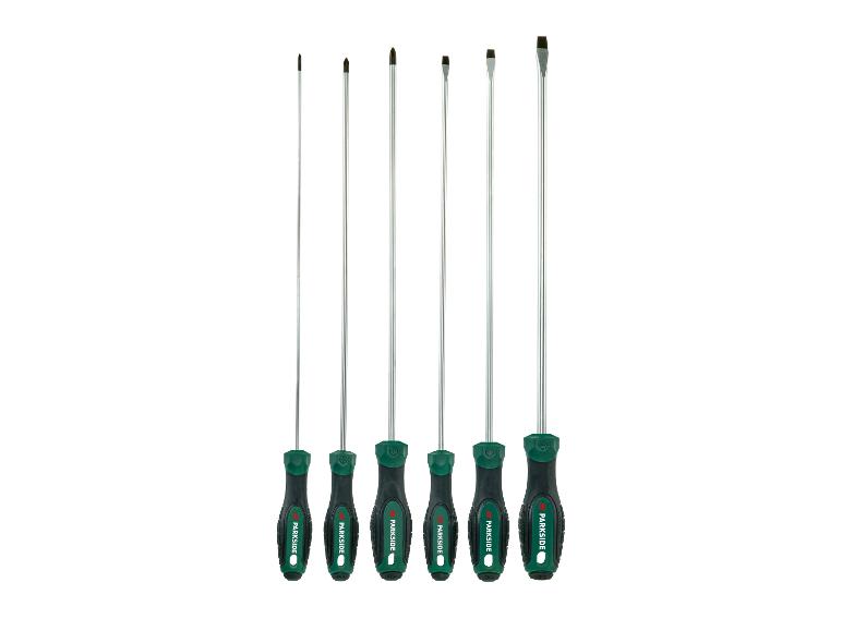 Set van zes schroevendraaiers met groene en zwarte handvatten, inclusief Phillips en platte koppen.