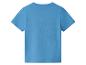 Achterkant van een blauw katoenen T-shirt met korte mouwen voor kinderen.