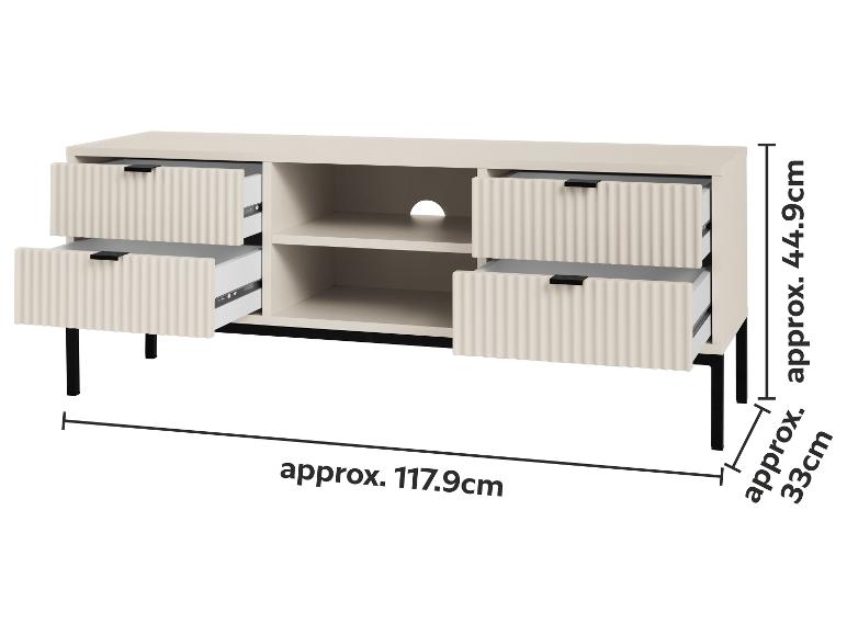 Beige tv-meubel met vier geribbelde lades en twee open planken, afmetingen: 117.9x44.9x33cm.