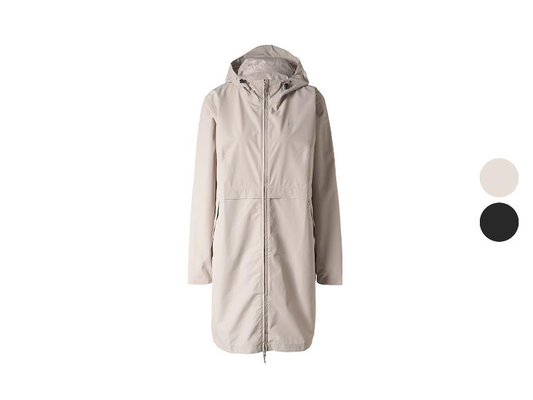 Lange beige regenjas met capuchon en rits, getoond met zwarte en lichtbeige kleuropties.