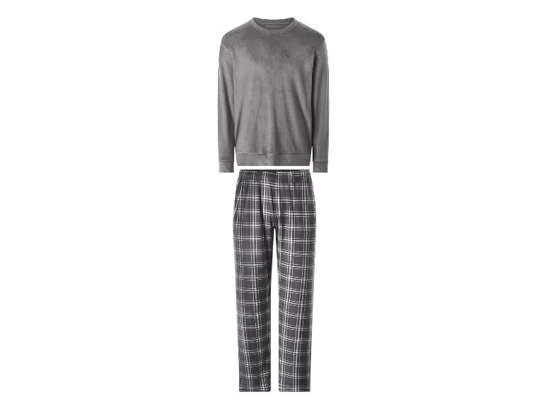 ESMARA MEN Heren Nicki-Pyjama: Grijze velours trui en geruite pyjamabroek.