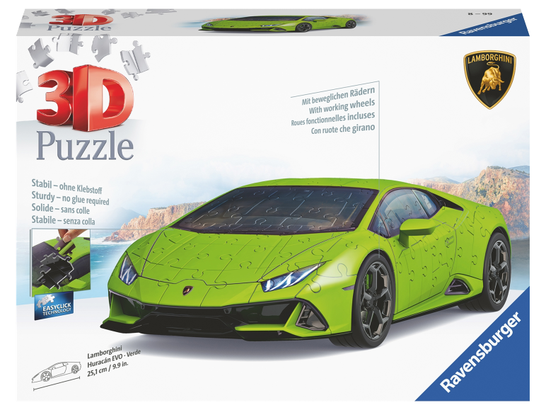 3D-puzzel van een groene sportwagen in een doos