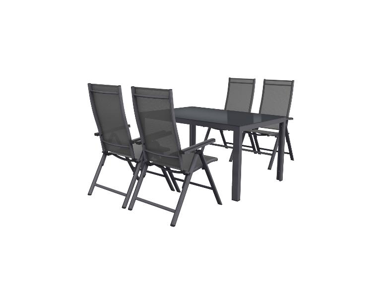 Tuinmeubelenset: opvouwbare tafel en stoelen van aluminium met textiel.