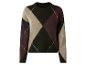 Dames argyle trui met zwarte, beige en bordeauxrode ruitpatronen.