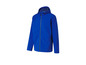 Blauwe softshell jas met capuchon.