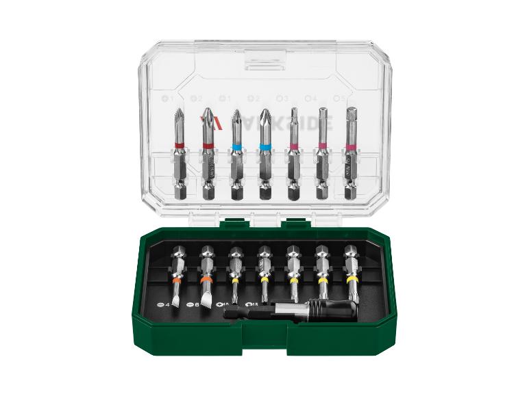 Schroevendraaierbitset in een transparante en groene koffer, inclusief Phillips, Pozidriv, Torx en platte bits.