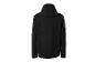 Zwarte heren softshell jas met capuchon, achteraanzicht.