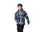 Jongen in winter sportjas met capuchon, skibril en muts.