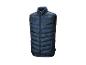 Donkerblauwe gewatteerde bodywarmer met bliksemprint en rits.