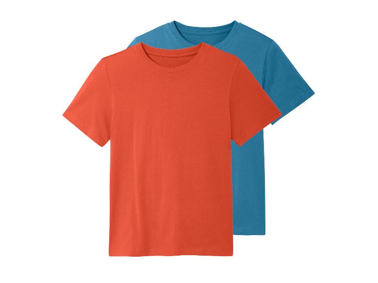 Twee korte mouw T-shirts, oranje en blauw.