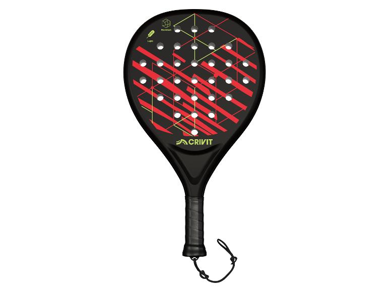 Zwart padelracket met rode en groene lijnen, gaten en handvat