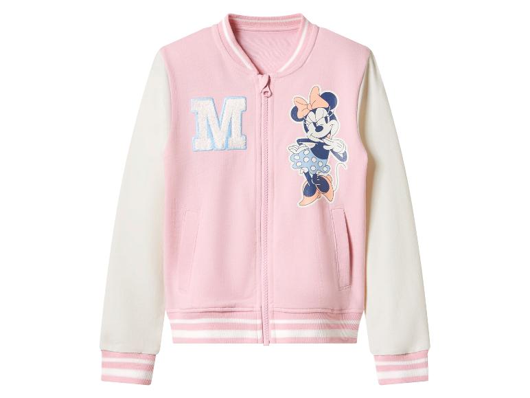 Roze en wit bomberjack met rits, met een 'M' en een tekening van Minnie Mouse.