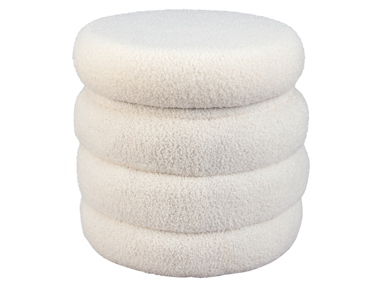Ronde witte bouclé poef met gelaagd ontwerp.