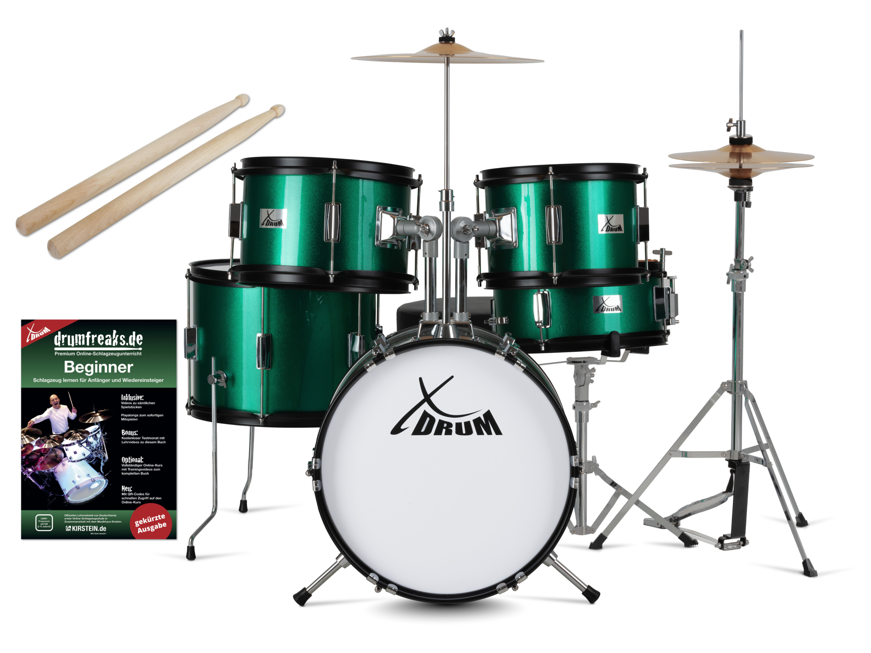 XDRUM Junior Pro Kinder Drumset (Green Sparkle incl. lessen)
