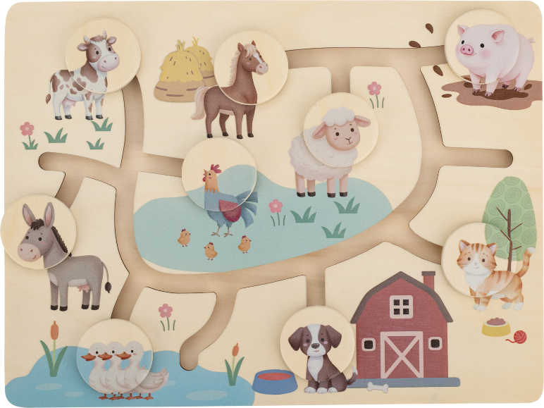Houten boerderijdieren doolhofpuzzel met koe, paard, varken, schaap, haan, ezel, eenden, kat en hond.