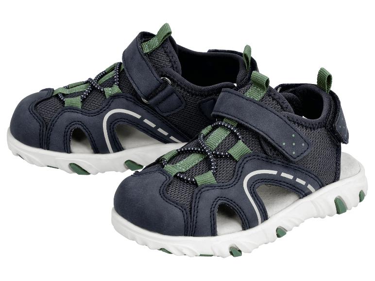 Donkerblauwe kindersandalen met groene accenten en witte zolen