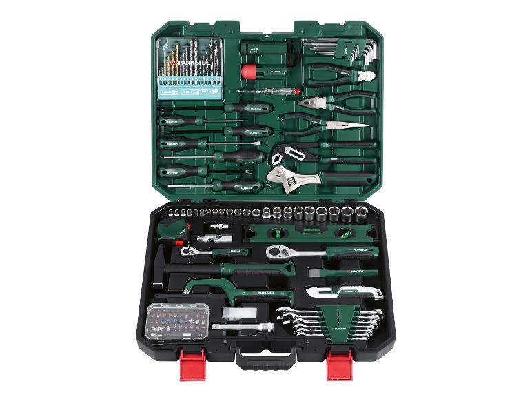 PARKSIDE gereedschapskist met schroevendraaiers, tangen, dopsleutels en boren in een groene koffer.