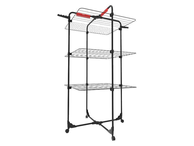 Zwart drielaags Vileda wasrek met rode details en wieltjes.
