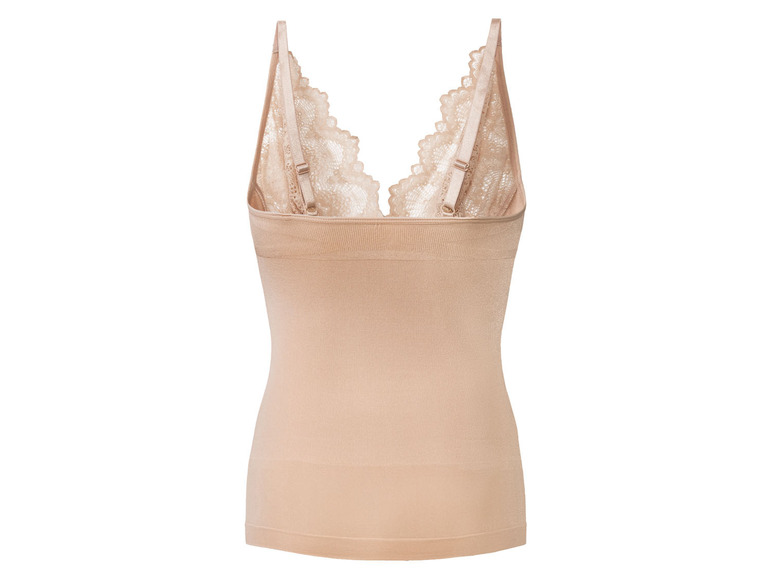 Een beige top met een lace detail aan de achterkant.